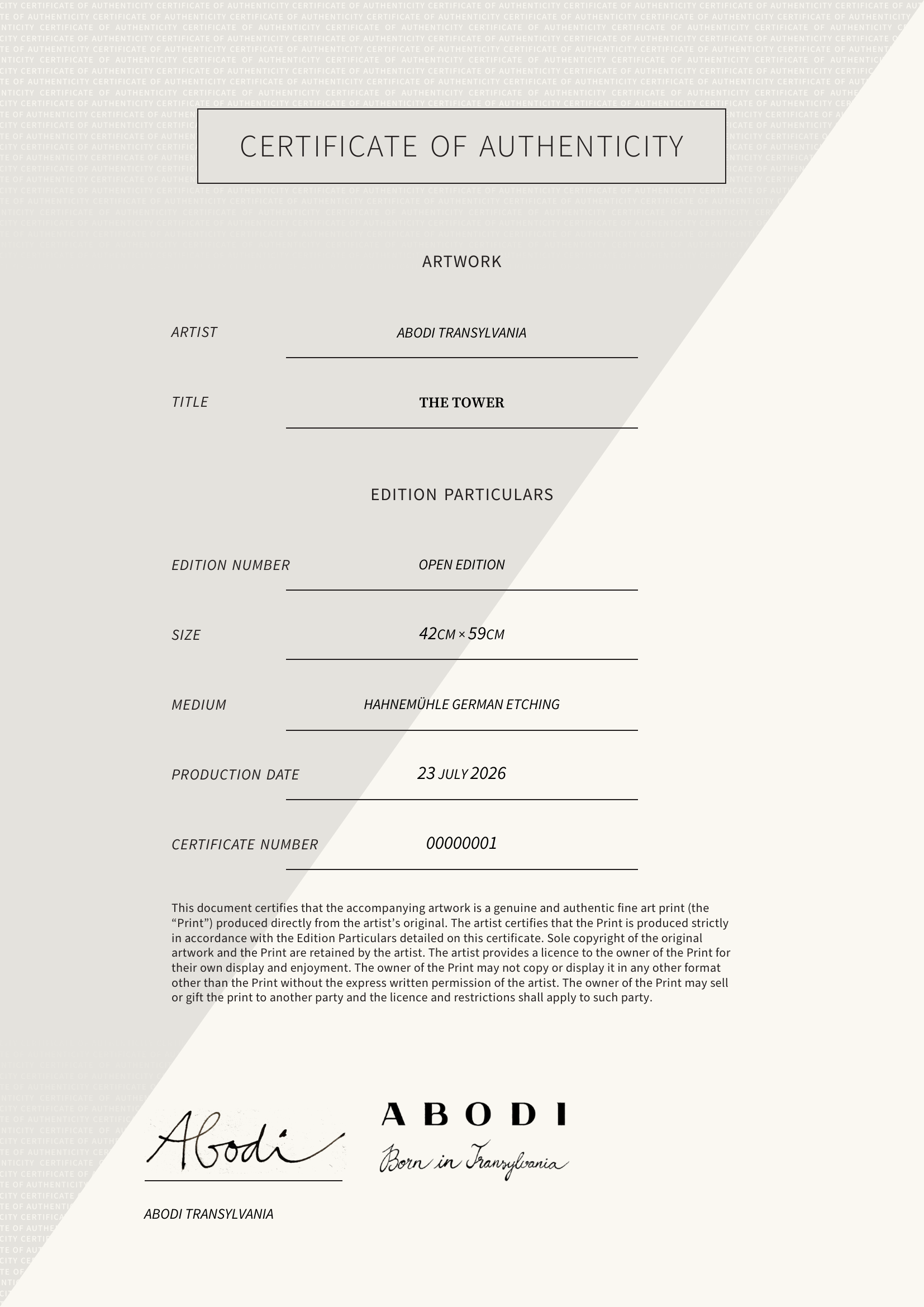 The Tower — Certificate of Authenticity